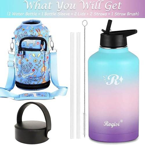 Miniatura 2 de Botella de agua grande de medio galón64 onzas aislada con popote, funda y 2 tapas, jarra de agua de acero inoxidable con boca ancha, termo de metal