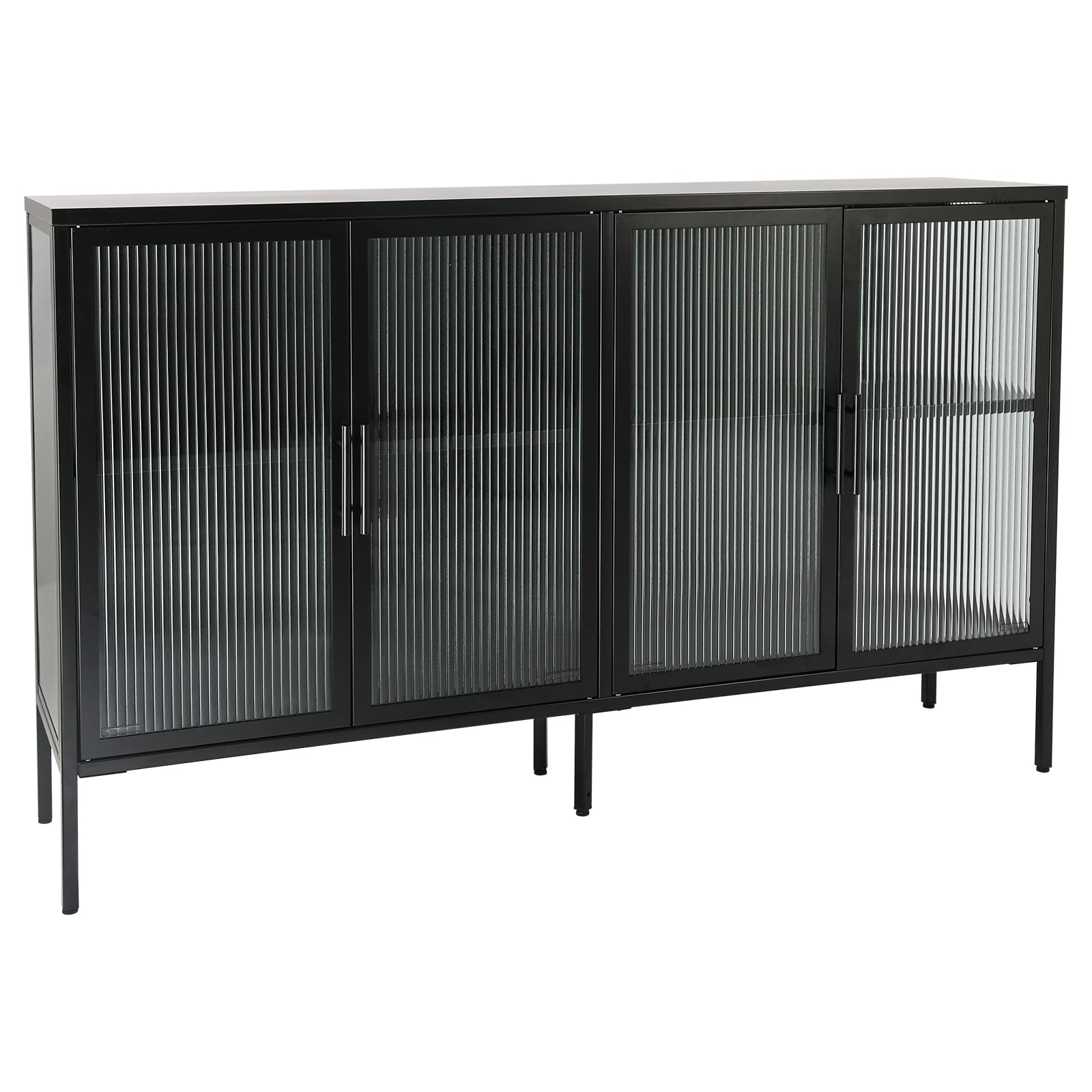 Accent 4 Glass Doors Buffet Storage Cabinet with Adjustable Shelves and Feet Cold-Rolled Steel Tempered Glass Sideboard for Living Room Kitchen Room Black Color