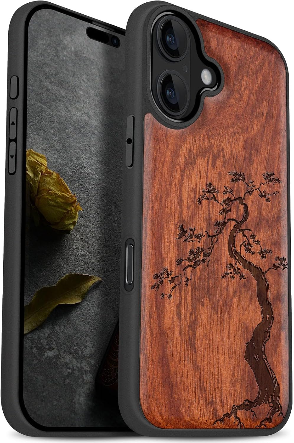Carveit Magnetic Wooden Case for iPhone 17 Case, Wood Artisan Engraved & Black Soft TPU Shockproof Cover, Compatible with MagSafe Wireless Chargers (Majestic Pine Tree) Rosy