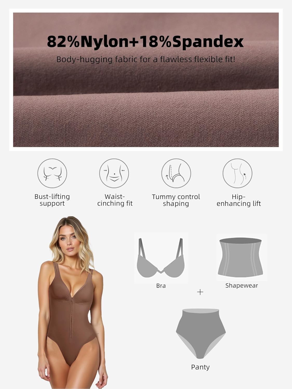 Zip Shapewear Bodysuit for Women V-Neck Full Body Suit Tummy Control Butt Lifting Shaper - Image 3