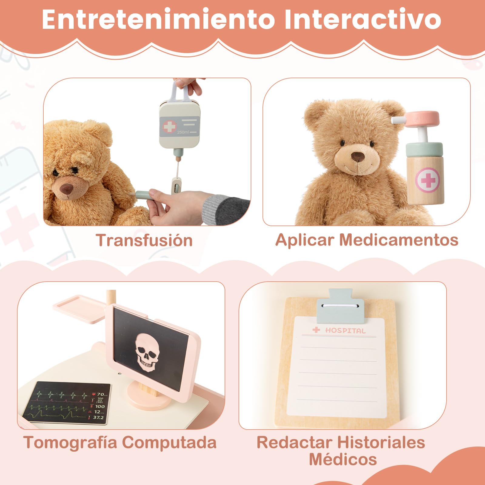 COSTWAY Juego de Médicos de Madera para Niños, Kit de Doctor de Juguete de Carrito con Máquina CT, Estetoscopio, Puesto Médico Centro de Actividades Móvil con Accesorios, para Niños de 3+ Años