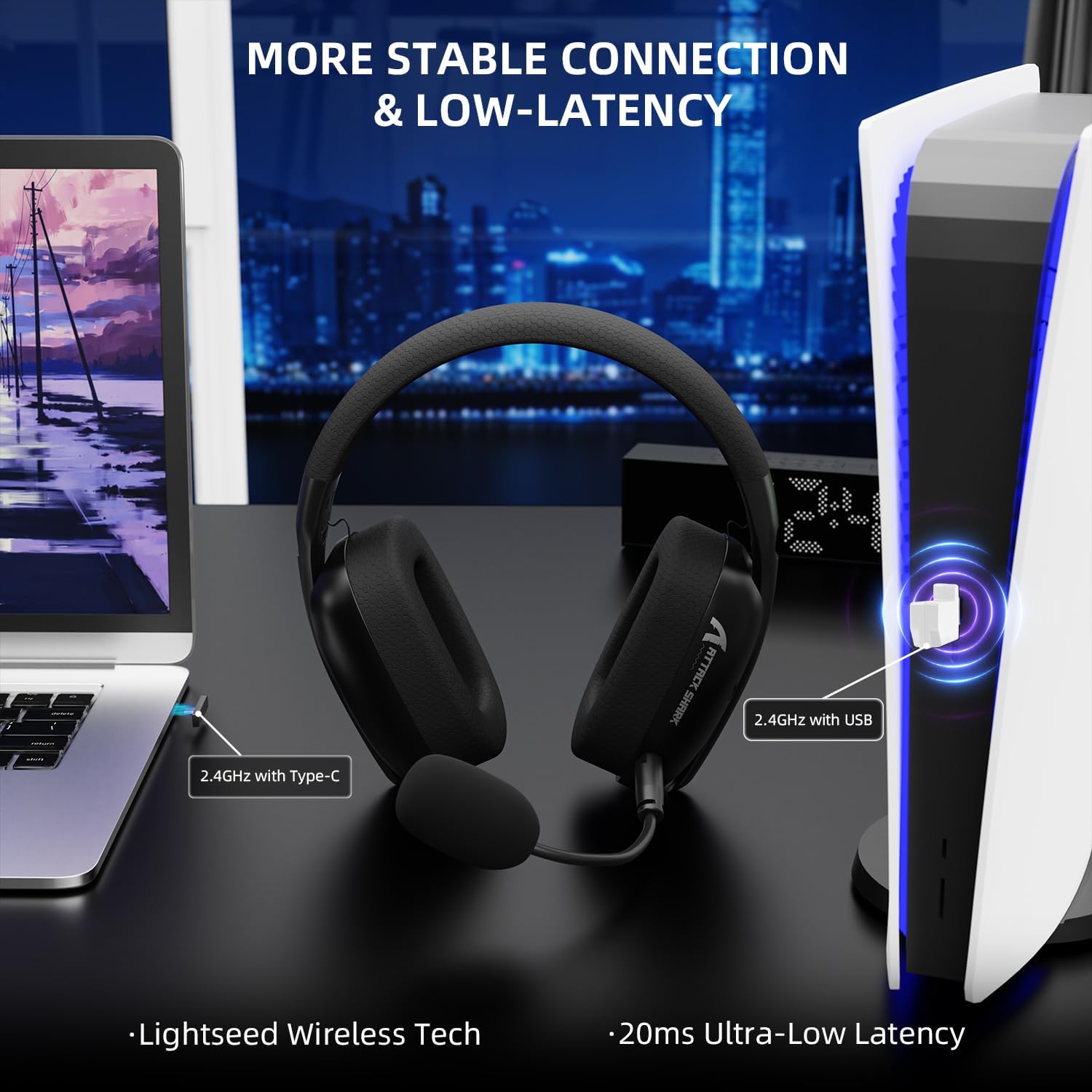ATTACK SHARK L80PRO Wireless Gaming Headset Lightseed Tech-Built-in&Detachable Dual Microphone-Lightweight Headphone with Tri-Mode(2.4GHz USB C&A Dongle/BT/Wired)-for PC Mac Switch Win-Black