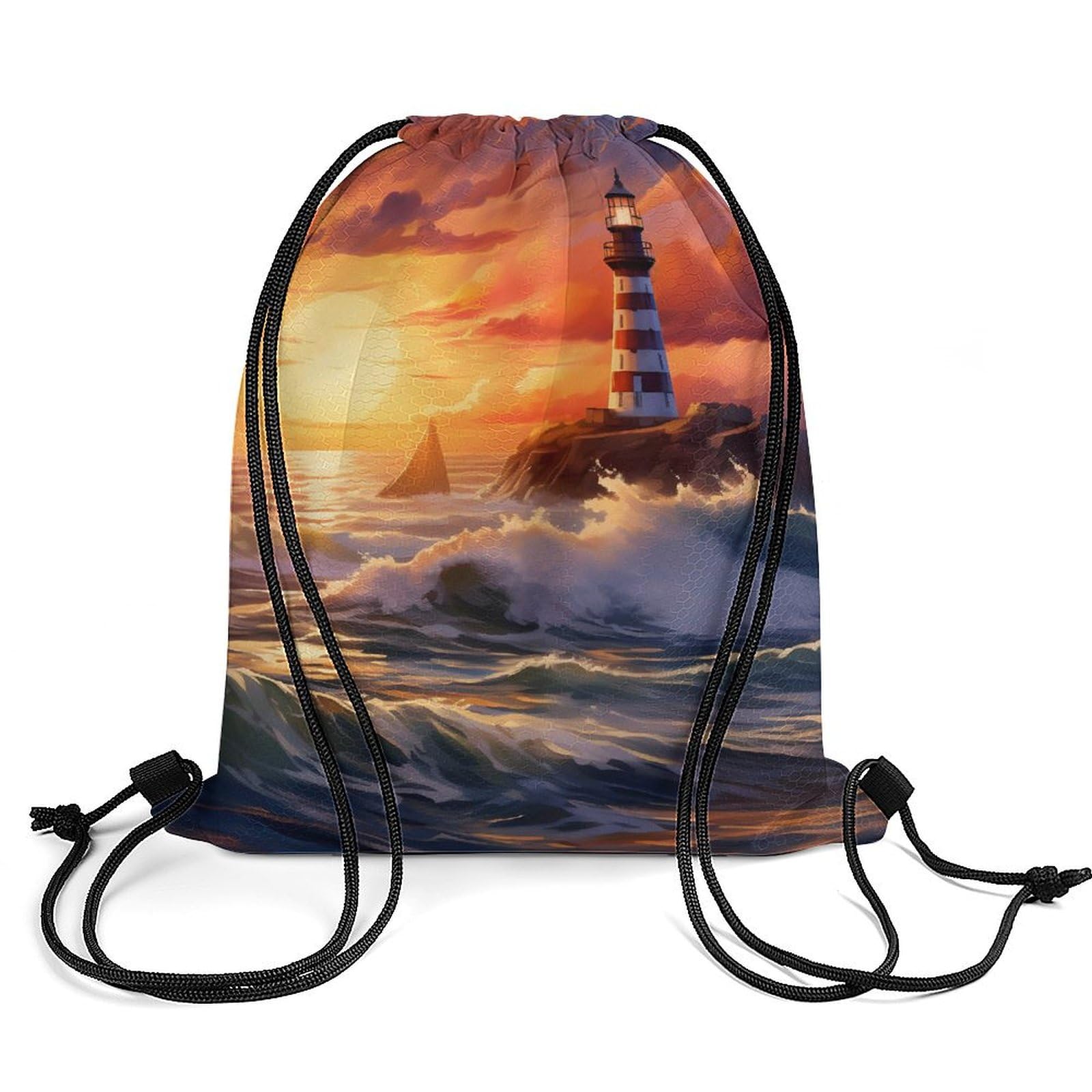 Sunset Lighthouse Seaside Scene Drawstring Backpack Durable Sport Gym Bags Daypack for Men Women 35 * 42cm