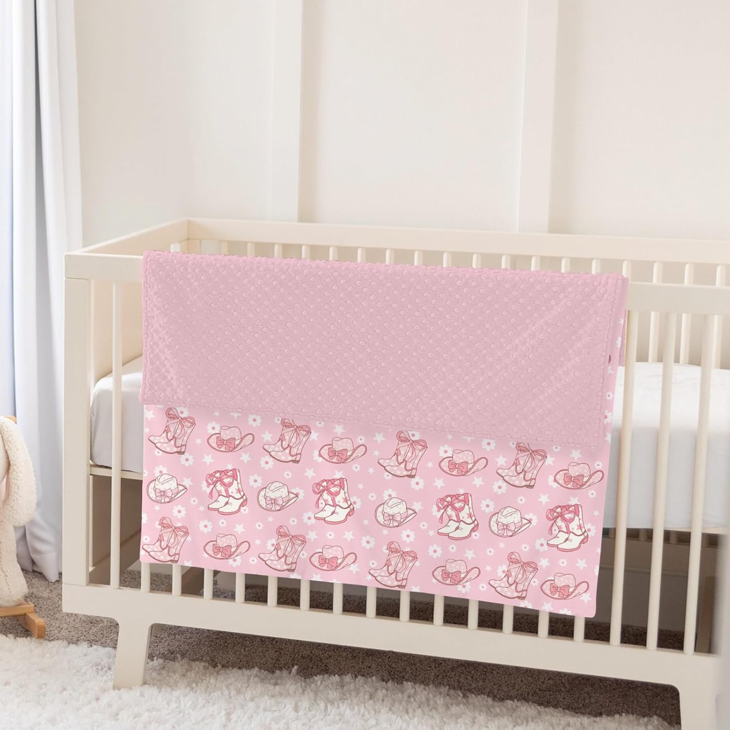 Pink Floral Bows Cowgirl Boots Hat Baby Blanket for Girl Boho Western Cowgirls Stars Soft Mink Dotted Backing Double Layer Swaddle Receiving Blanket for Toddler Nursery Country Bed Blanket 30x40