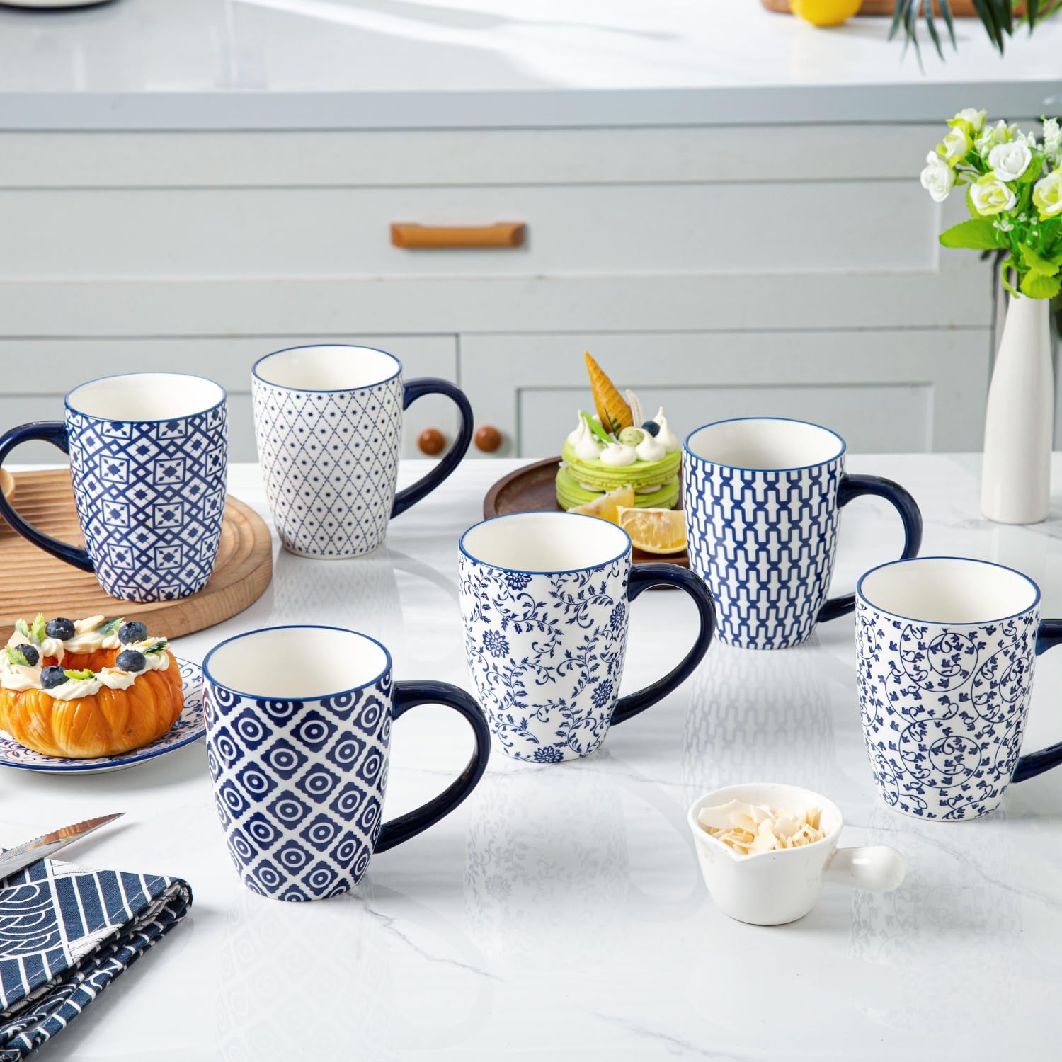 Ceramic Coffee Mugs Set - 16 Oz Large Porcelain Tea Cups with Handle for Women Men Cocoa Cappuccino Latte - Christmas Housewarming Gift - Dishwasher Safe - Set of 6 - Vintage Blue - Image 7