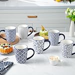 Ceramic Coffee Mugs Set - 16 Oz / 450 ml Large Porcelain Tea Cups with Handle for Women Men Cocoa Cappuccino Latte - Christmas Housewarming Gift - Dishwasher Safe - Set of 6 - Vintage Blue