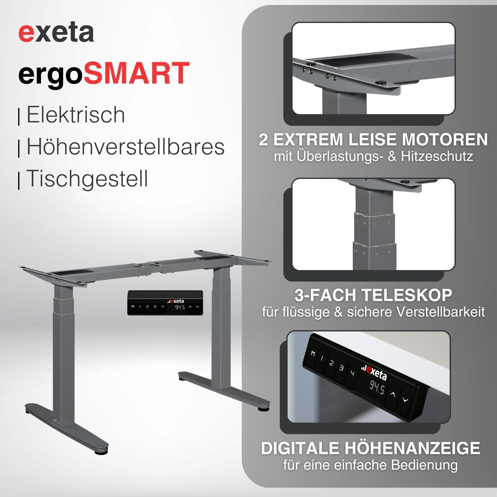 ergoSmart höhenverstellbarer Schreibtisch Gestell elektrisch 64,5-129,5cm in grau I Schreibtischgestell höhenverstellbar mit 2 Motoren I Tisch höhenverstellbar mit 3-Fach-Teleskop