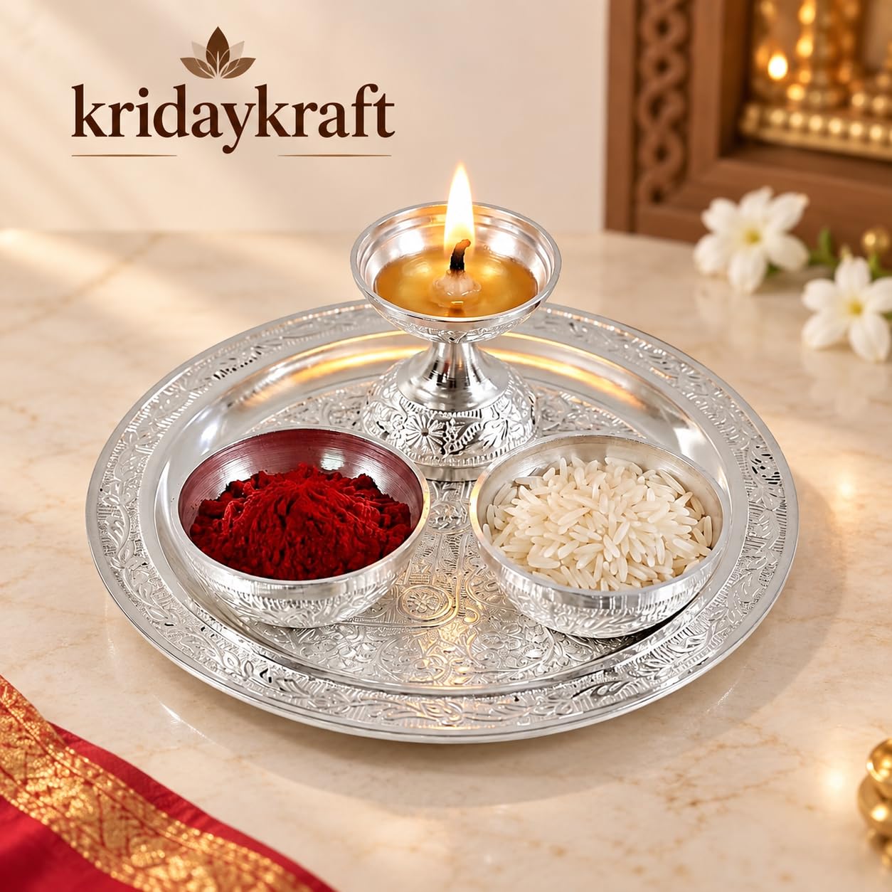 Silver Plated Pooja Thali Set with Diya & Bowls -3