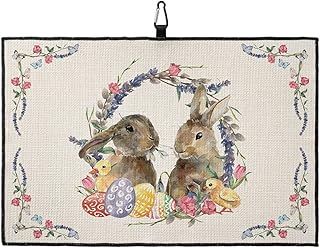 OComster Easter Bunny Eggs Golf Towel with Carabiner Clip, Spring Floral Wreath Linen Texture Microfiber Waffle Pattern Golf Towel, Golf Accessories for Cleaning Clubs and Balls, 24x16 in