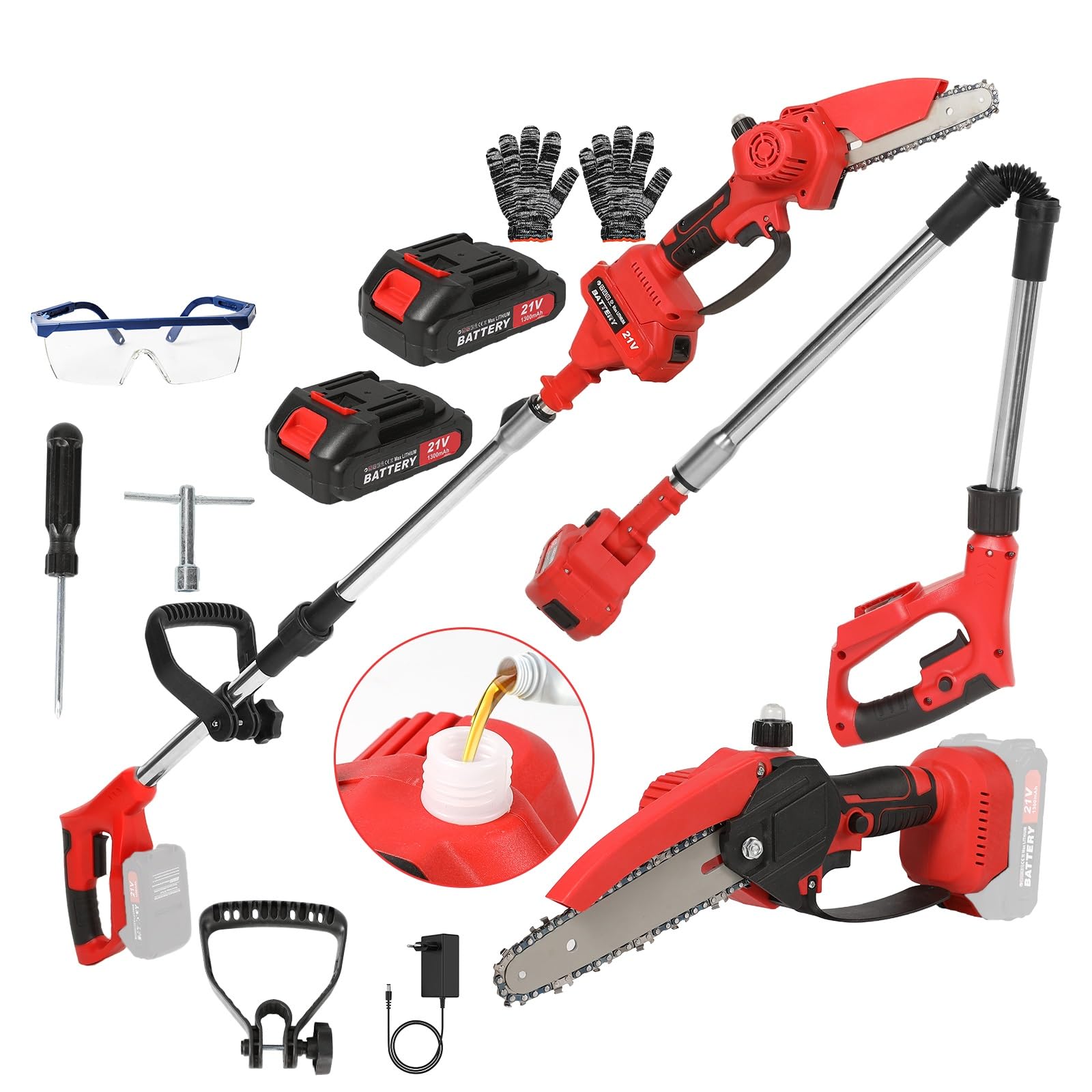 Élagueuse sur Perche 2-en-1 6 Pouces, Tronçonneuse Télescopique Sans Fil avec 2×3000mAh Batterie & Chargeur, Mini Tronçonneuse 500W avec Lubrification Automatique, Portée jusqu’à 4 m pour (Rouge)