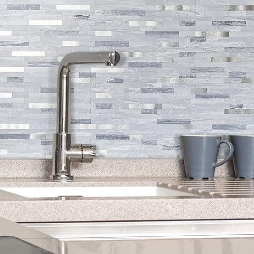 Miniatura 7 de AULIGET 20 hojas de piedra sintética para despegar y pegar, aspecto de mármol gris claro, azulejos de pared de metal mixto de PVC para pegar en el