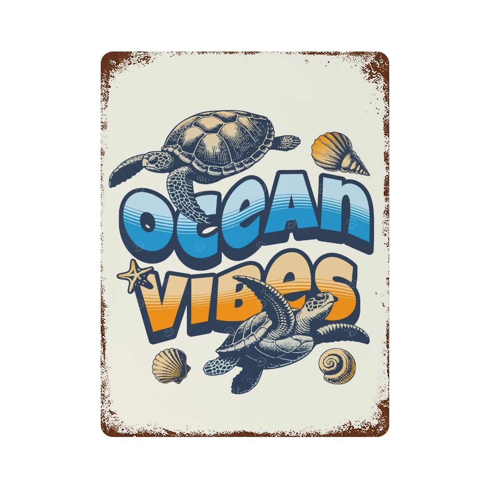 Ocean Vibes Sea Turtle Vintage Wall Sign 15.7"x11.8", Rust Effect Metal Decor for Bistro, Counter And Cafe Decor