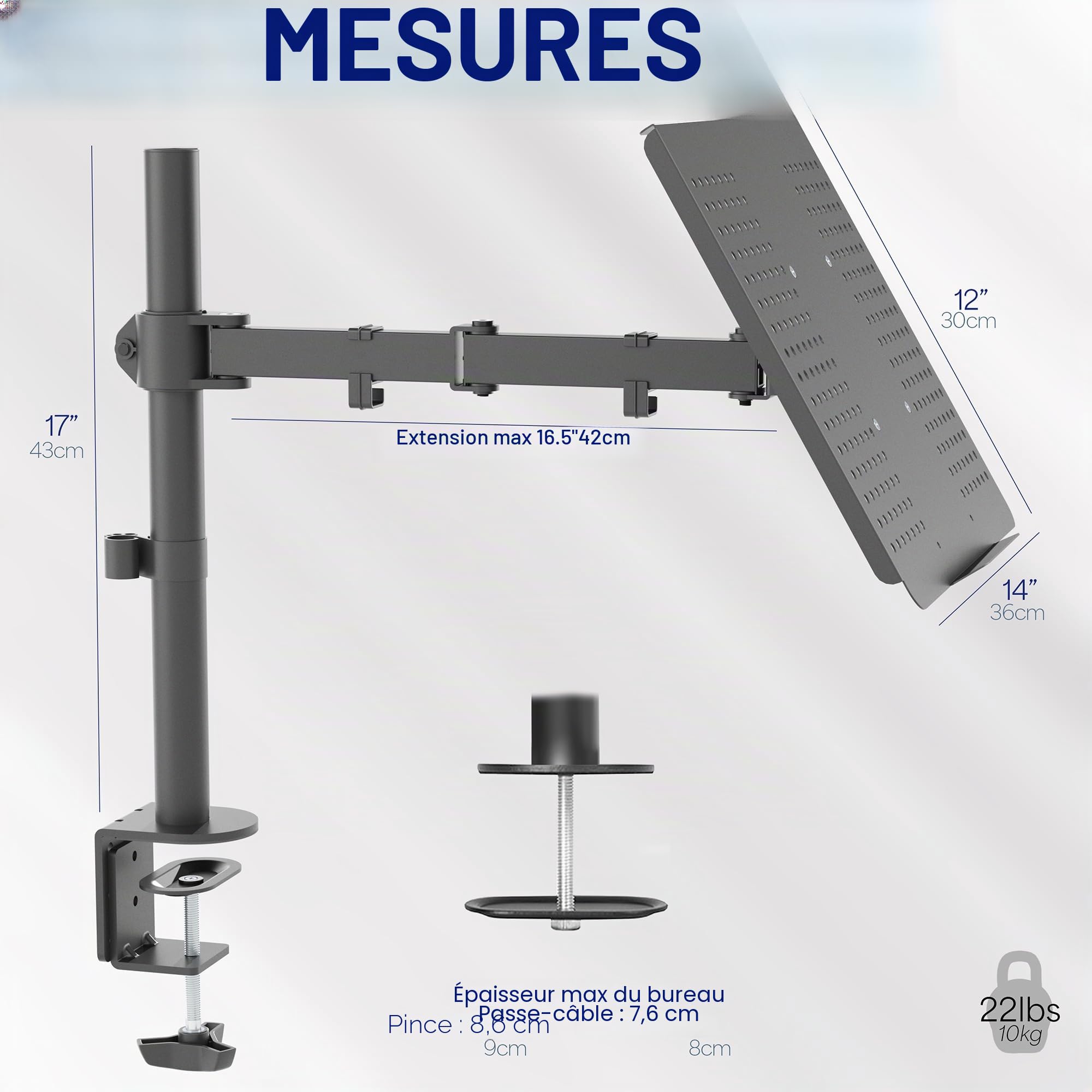 Vivo Support de Bureau pour Ordinateur Portable – Extension entièrement réglable avec Pince en C (STAND-V001L)