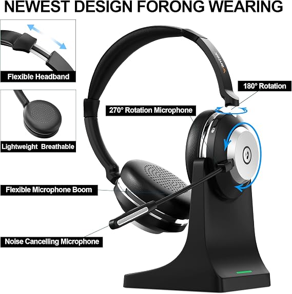 Wantek Wireless Headset with Microphone for Work,Bluetooth Headset with AI Noise Cancelling Mic,Mute Button,USB Dongle & Charging Base with Laptop,Computer,Cell Phone,Remote Work,Call Center