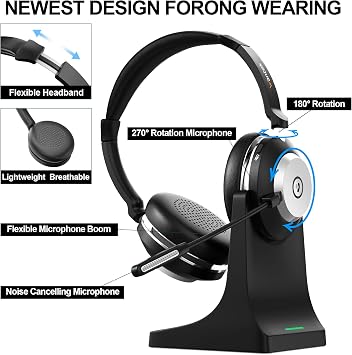 Wantek Wireless Headset with Microphone for Work,Bluetooth Headset with AI Noise Cancelling Mic,Mute Button,USB Dongle & Charging Base with Laptop,Computer,Cell Phone,Remote Work,Call Center