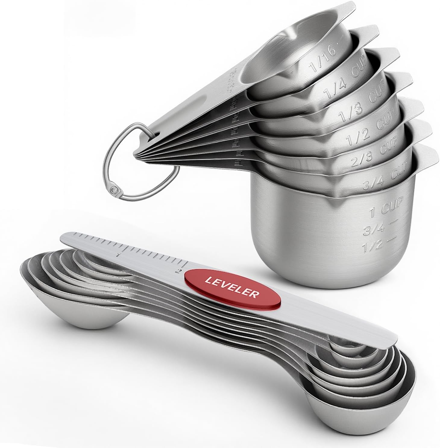 ChefAide Magnetic Measuring Cups & Spoons Set of 15 with Leveler