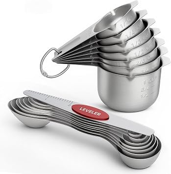 ChefAide Measuring Cups and Spoons Set, 304 Stainless Steel Measuring Cups Set of 7,8 Magnetic Stainless Steel Measuring Spoons & 1 Leveler for for Measure Dry and Liquid Ingredients