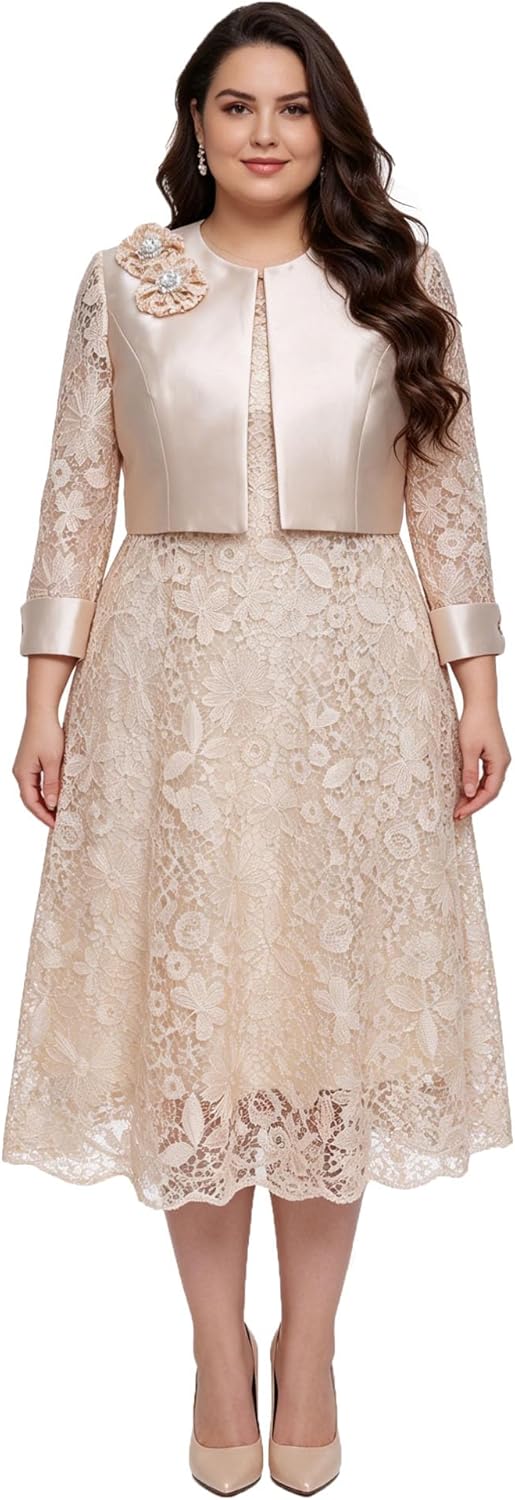 Women's 2 Piece Lace Church Suits Jacket Dress Elegant Church Outfit Geenlinm FASHlON Plus Size Formal Wedding for Women