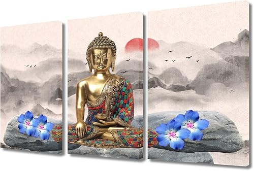 Vista 357 de TUMOVO Wall Art for Living Room Buddha Sculpture Flower Paintings Canvas Wall Art 3 Panel Wall Art Canvas Artwork Wall Decor Large Wall Decor Canvas