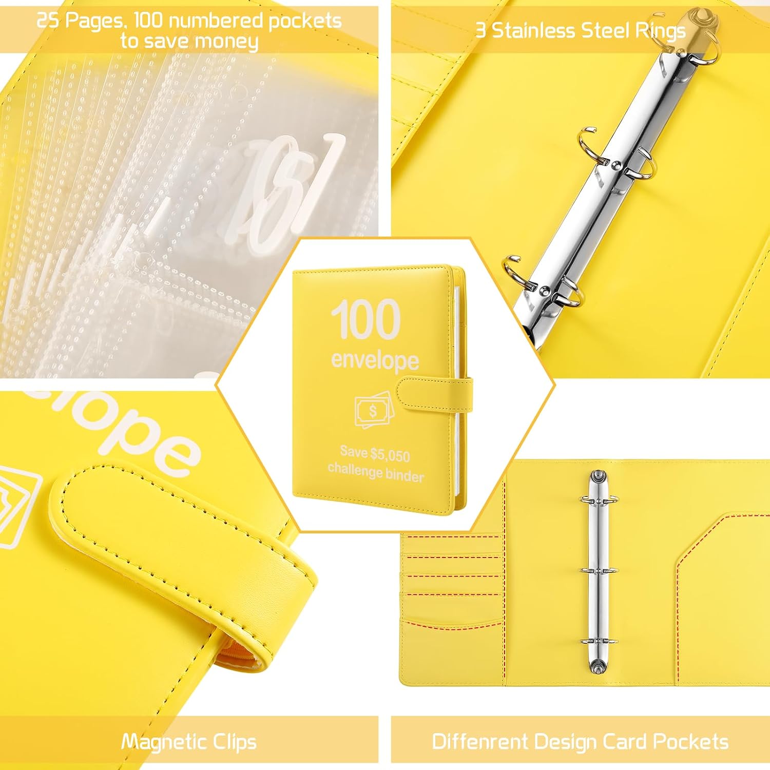 100 Envelopes Money Saving Challenge Binder with Reusable Laminated Tracker, Budget Book with Cash Envelopes, Easy and Fun Way to Save $5,050 (Black and Yellow)