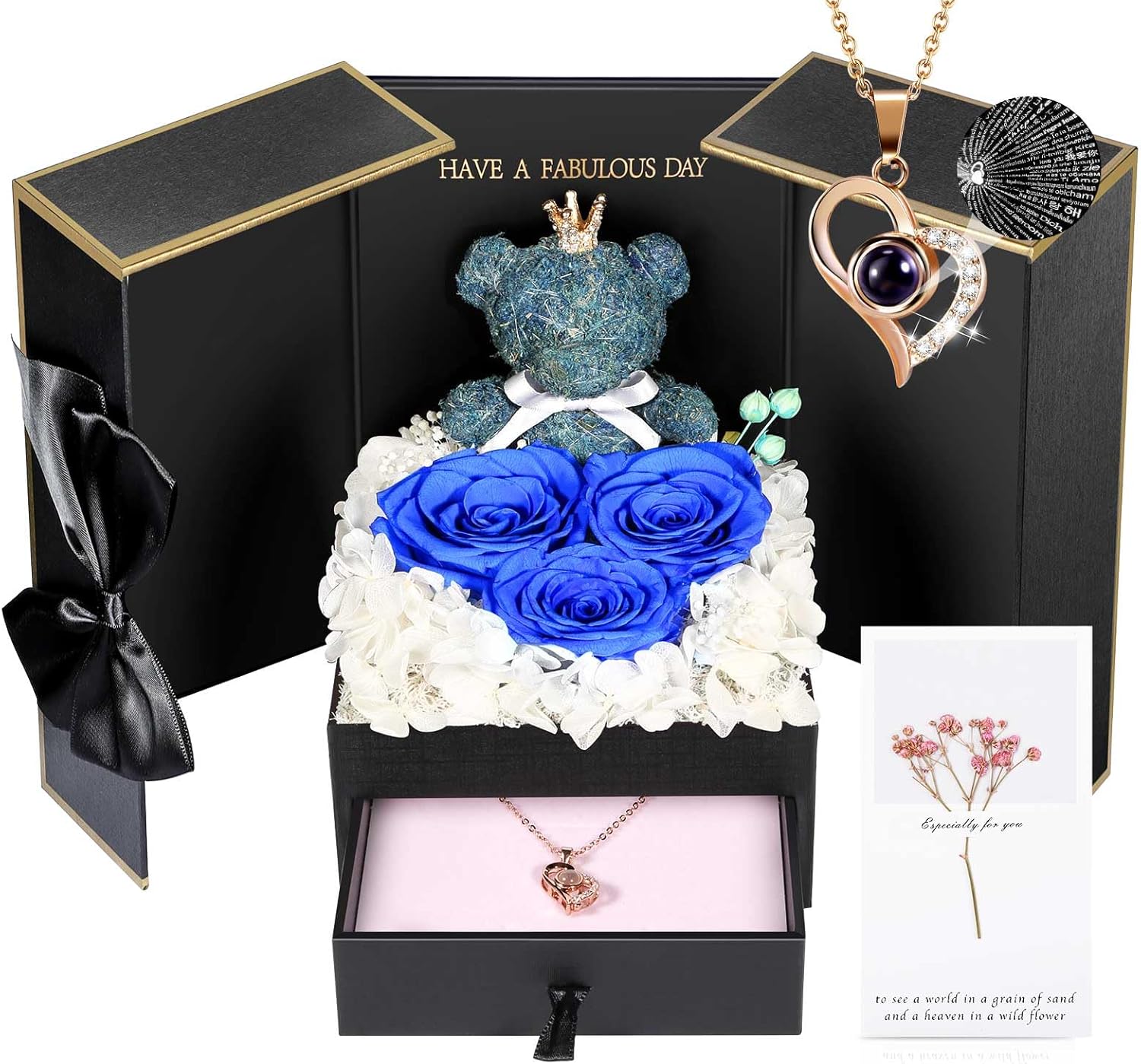 ADDWel Preserved Blue Rose & I Love You Necklace in 100 Languages, Romantic Gift for Wife, Girlfriend, Mom, Grandma on Valentine's Day, Birthday Anniversary