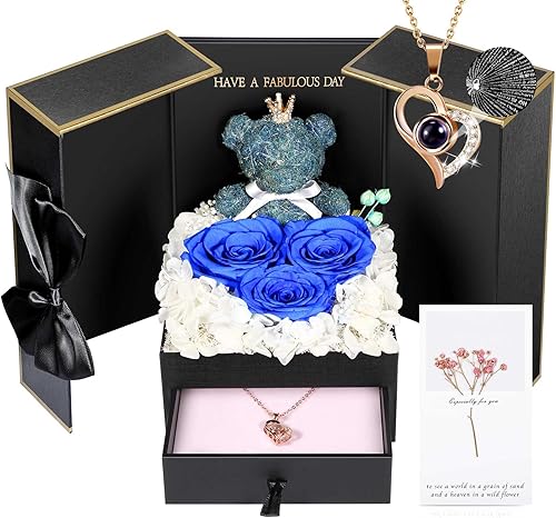 Miniatura 135 de ADDWel Rose Gifts for Women - Preserved Real Roses Forever Purple Flowers with I Love You in 100 Languages Necklace and Cute Moss Bear for