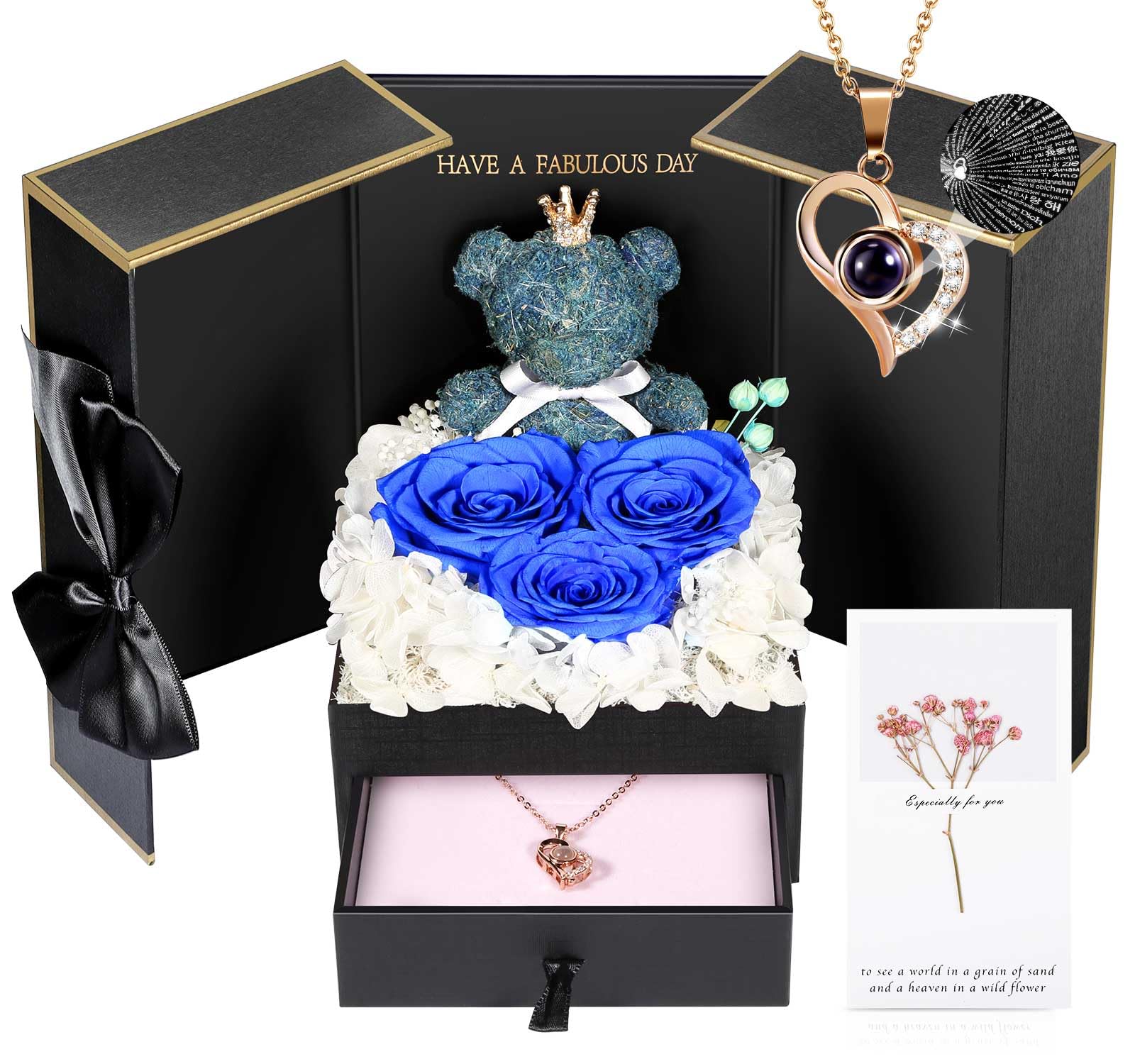ADDWel Preserved Blue Rose & I Love You Necklace in 100 Languages, Romantic Gift for Wife, Girlfriend, Mom, Grandma on Valentine's Day, Birthday Anniversary