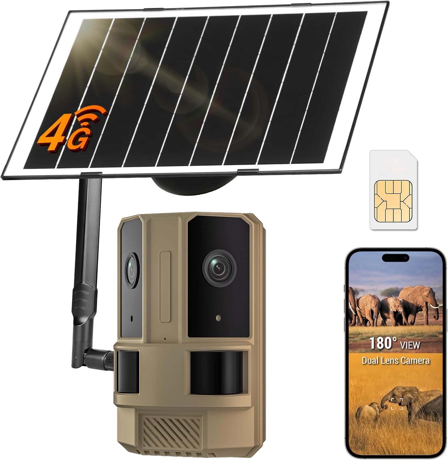 4G LTE Cellular Trail Outdoor Security Camera (No WiFi Needed) with Built-in SIM Card, Dual-Lens 180° View, 4K Color Night Vision, Solar Powered, 2-Way Audio, IP66 Waterproof