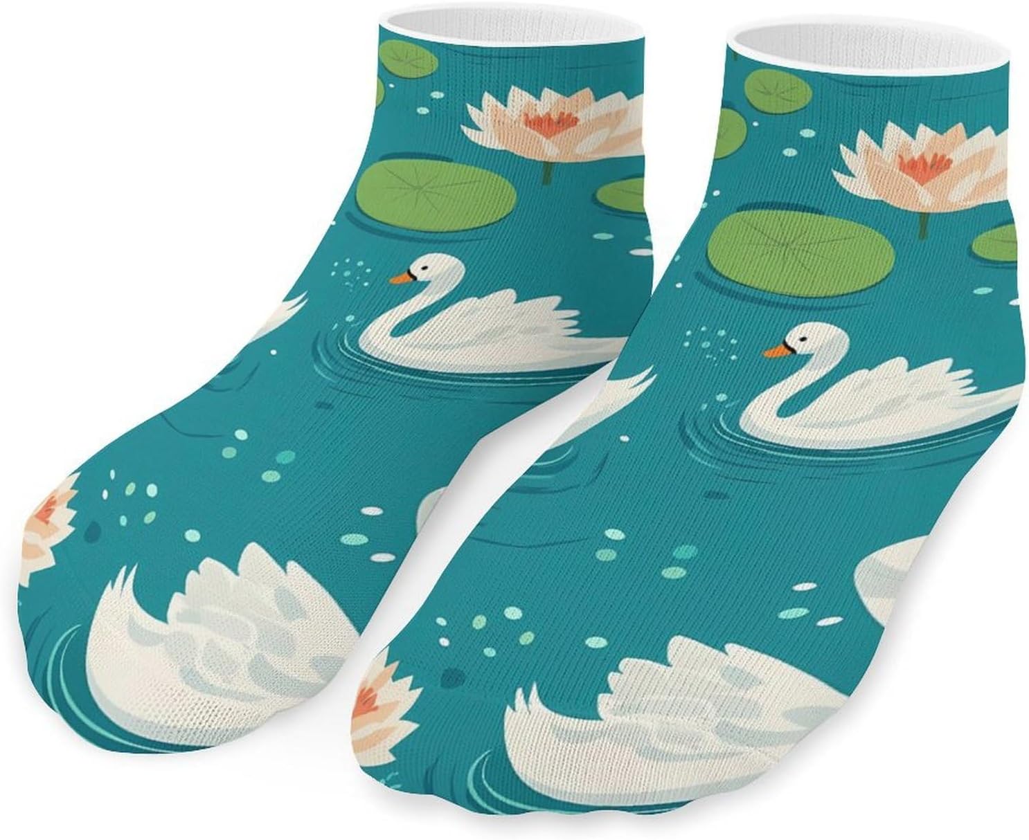 White Swans And Water Lilies No Show Ankle Socks Low Cut Non Slip Flat Boat Line 5 Pairs Set