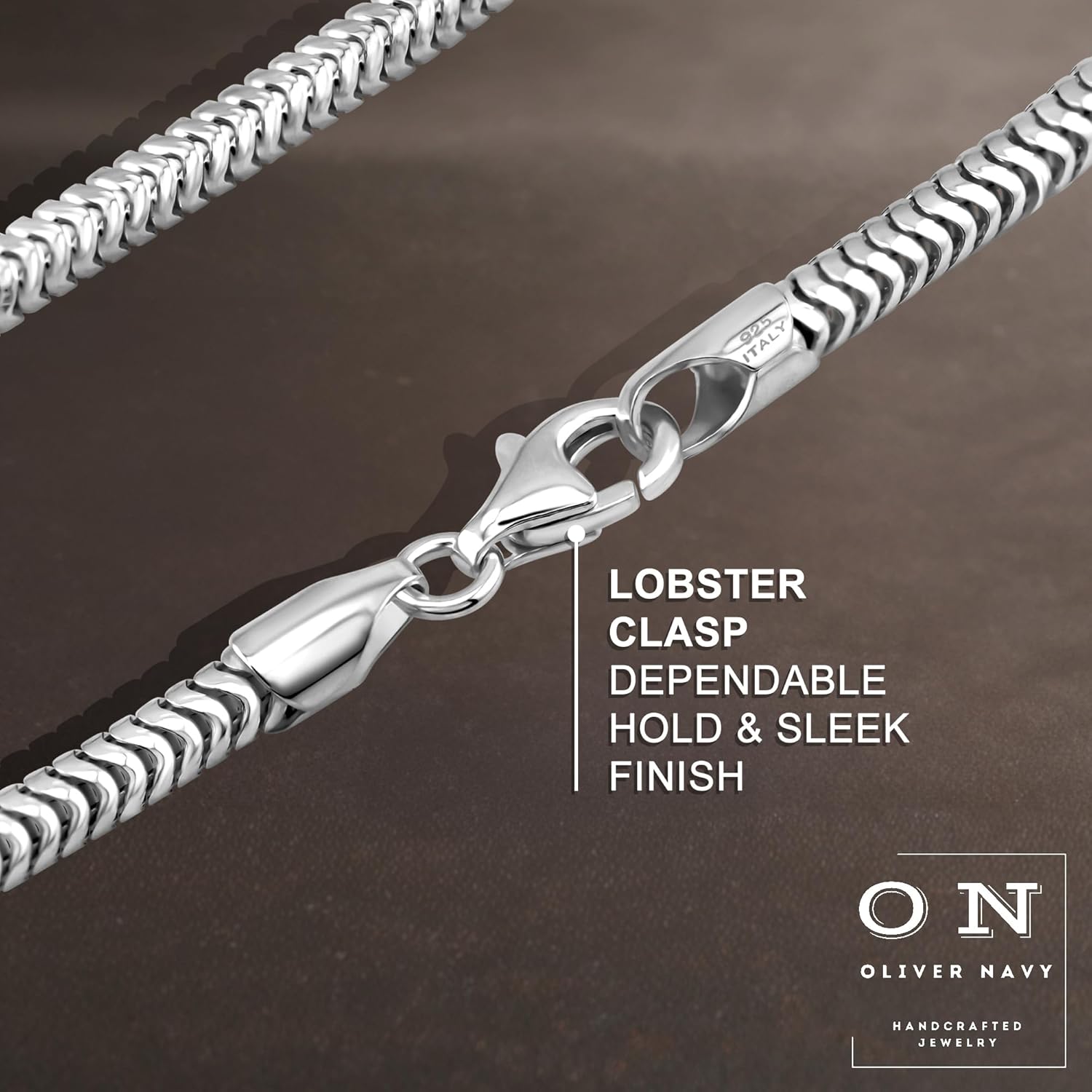 Oliver and Navy Sterling Silver Solid 3mm Snake Chain Bracelet for Women Men (7,8,9,10 Inches)
