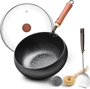 WANGYUANJI 9.5 Inch Carbon Steel Wok with Lid, Flat Bottom Stir Fry Pan for Induction, Electric and Gas Stoves, Deep Bowl Wok for 12 Servings