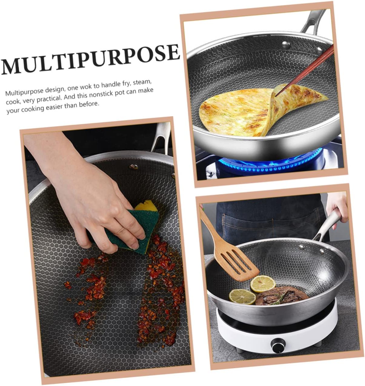 PRETYZOOM Heavy Duty Wok Pan Honeycomb Steel Wok for Electric Stove Kitchen Utensil Heat Insulation Handle