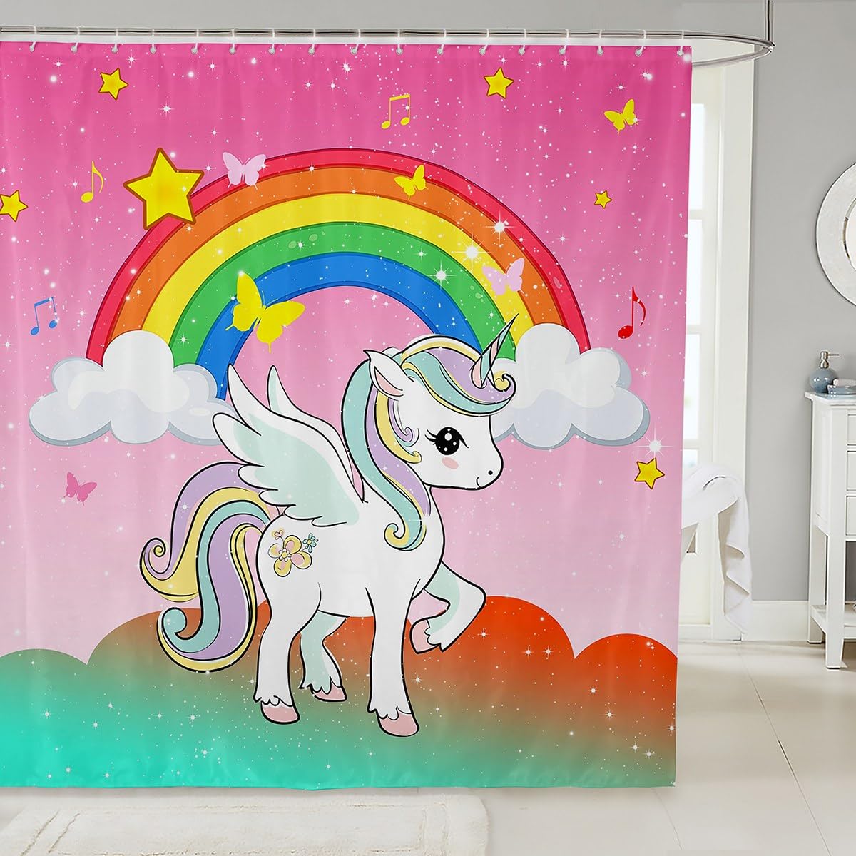 Girls' Unicorn Shower Curtain Set - 72"W x 78"L Kawaii Cute Unicorn Ombre Starry Sky &amp; Rainbow Butterfly Waterproof Bath Curtains