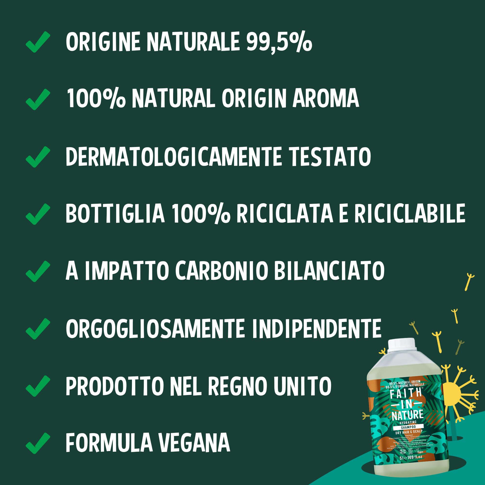 Faith In Nature Ricarica da 5 L di Shampoo Biologico al Cocco, Idratante per Capelli e Cuoio Capelluto Secchi, Vegano e Cruelty Free, Senza SLS, Siliconi o Parabeni