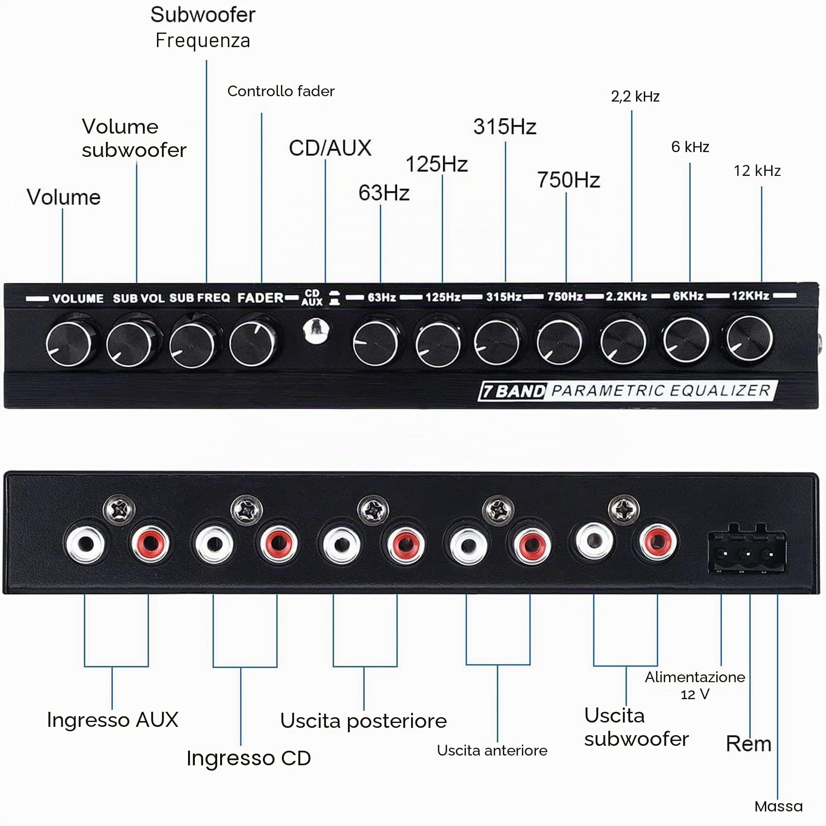 Equalizzatore Audio per Un 7 Bande, Equalizzatore Grafico per Amplificatore per Regolabile Un 7 Bande Interruttore di Selezione Ingresso CD/AUX, Nero