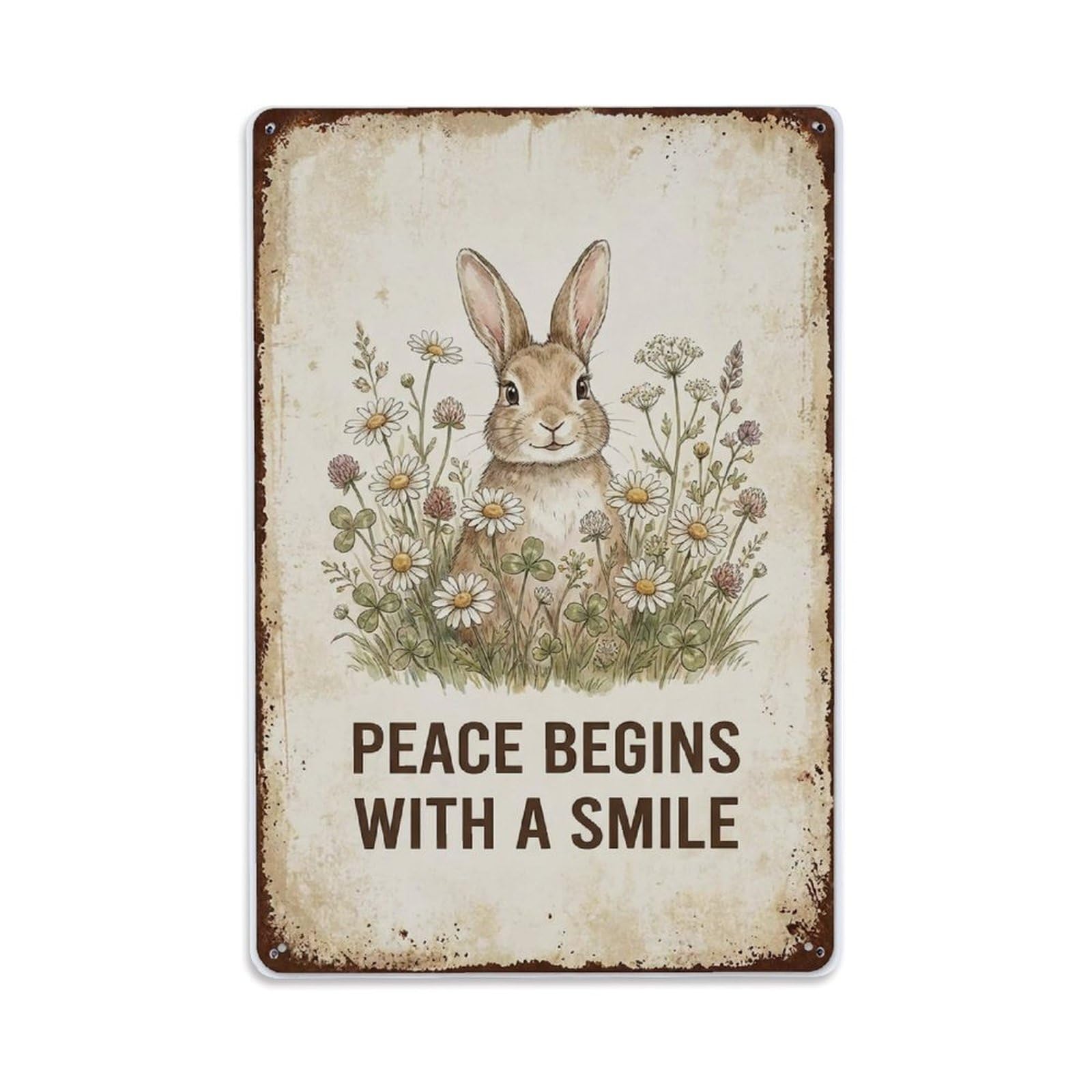 Fqnyr Style Peace Begins With Smile Bunny Metal Tin Sign Plaque Wall Decor For Cafe, Club Bar, Office, Home Garden Metal Poster 8X12inch
