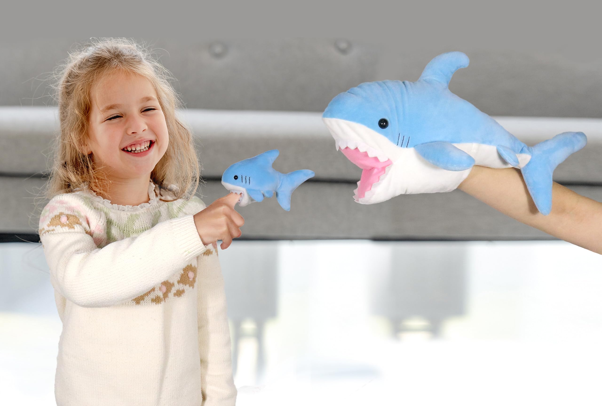 ICE KING BEAR Shark Mom and Baby Stuffed Animals Plush Toy Hand Puppet and Finger Puppet, Gray, 20 cm - Image 3