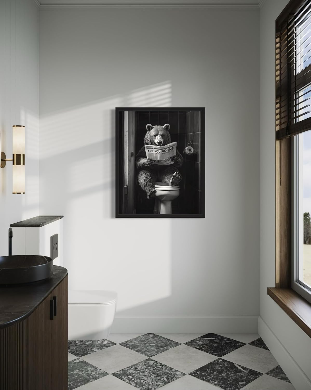 Bear on Toilet Bathroom Wall Art Print Poster, Animal Restroom Decor Posters Prints Home Picture Painting Artwork Gallery 9 (Bear on Toilet, 18 x 24 inches, Black Frame)
