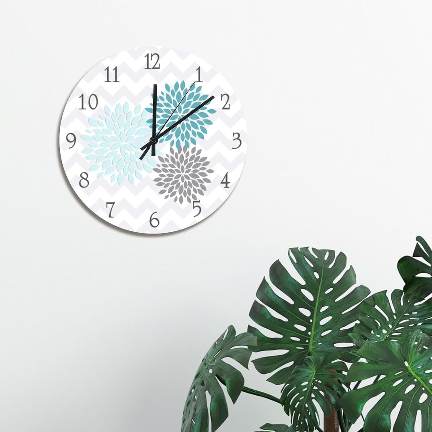 ArogGeld Teal Aqua Grey Wall Clock Dahlia Flower Large Wooden Wall Clocks Battery Operated 15 Inch Quiet Non-Ticking Farmhouse Hanging Clock Modern Wall Decor for Living Room Kitchen Bedroom Office