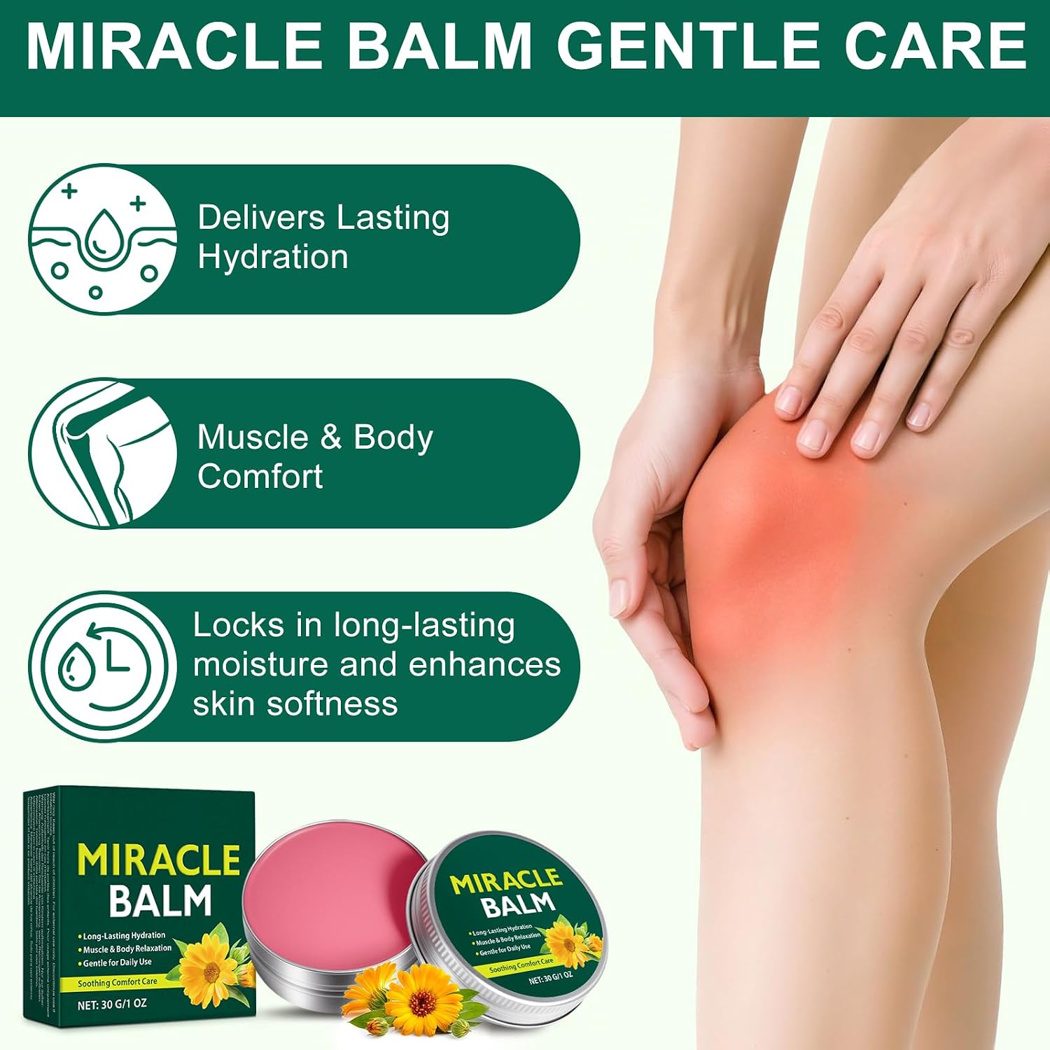 Miracle Massage Balm for Legs & Body, Soothing Care for Swollen Legs, Daily Discomfort & Muscle Tension, Arnica & Calendula Body Balm, Non-Greasy, Portable for Travel & Work (1 Pack)
