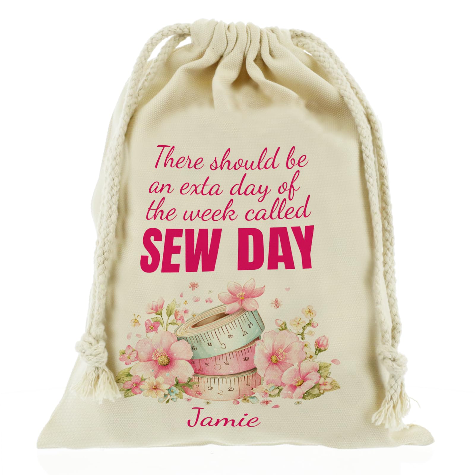 Personalised Craft Bag, Reusable, Gift Bag, Floral Sew Days Design Drawstring Sack, Yarn Storage Bag Customised with With Name/Initials/Text, Sizes: XXS, XS, S, M, L, XL โ image 1