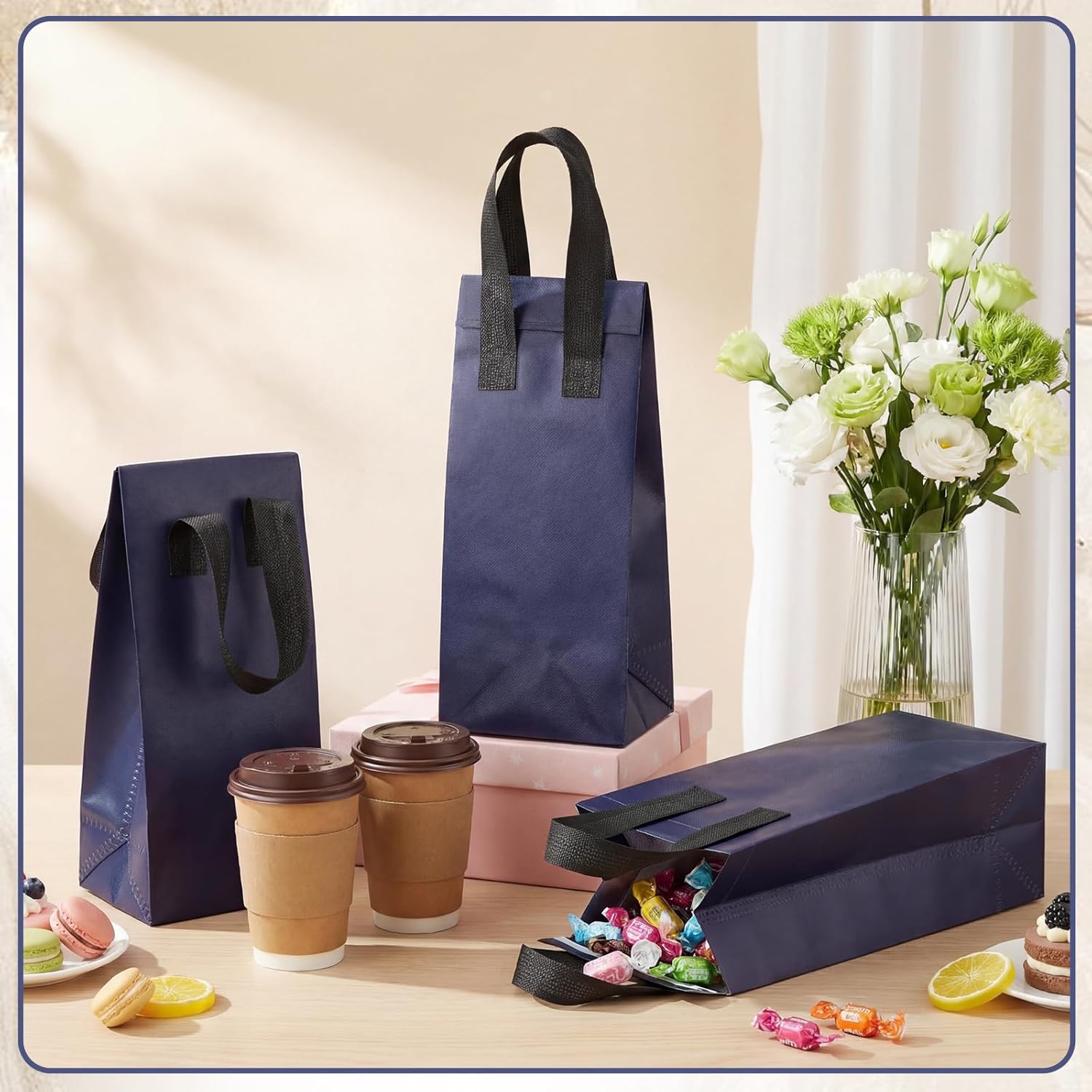 50 Pcs Navy Blue Insulated Single Cup Drink Carrier Bags Bulk Thermal Insulation Take Away Bags Portable Takeout Coffee Carrier Reusable Carriers with Handle for Hot Cold Beverage