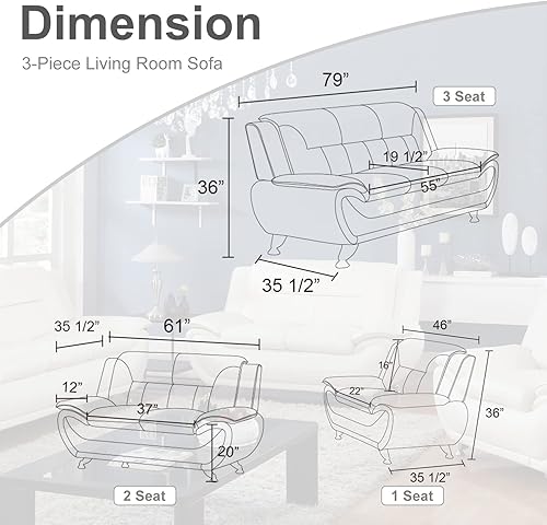 Miniatura 2 de Moderno juego de muebles de sala de estar, 3 piezas de piel sintética, sofá seccional con patas de hierro (blanco)