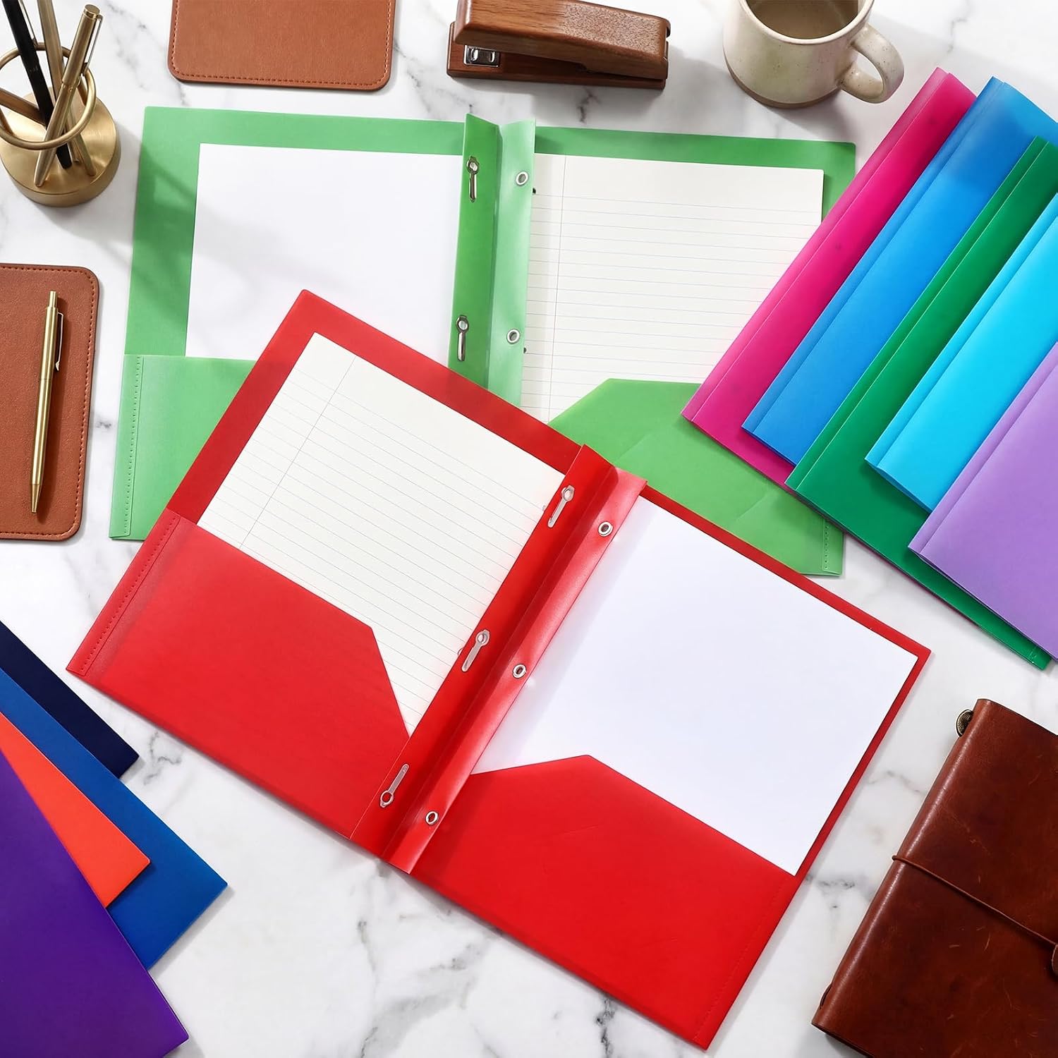 Cholemy 104 Packs Pocket Folders with Prongs Heavy Duty Plastic Folder with Business Card Slot 3 Prong Fasteners for School Office (Bright)