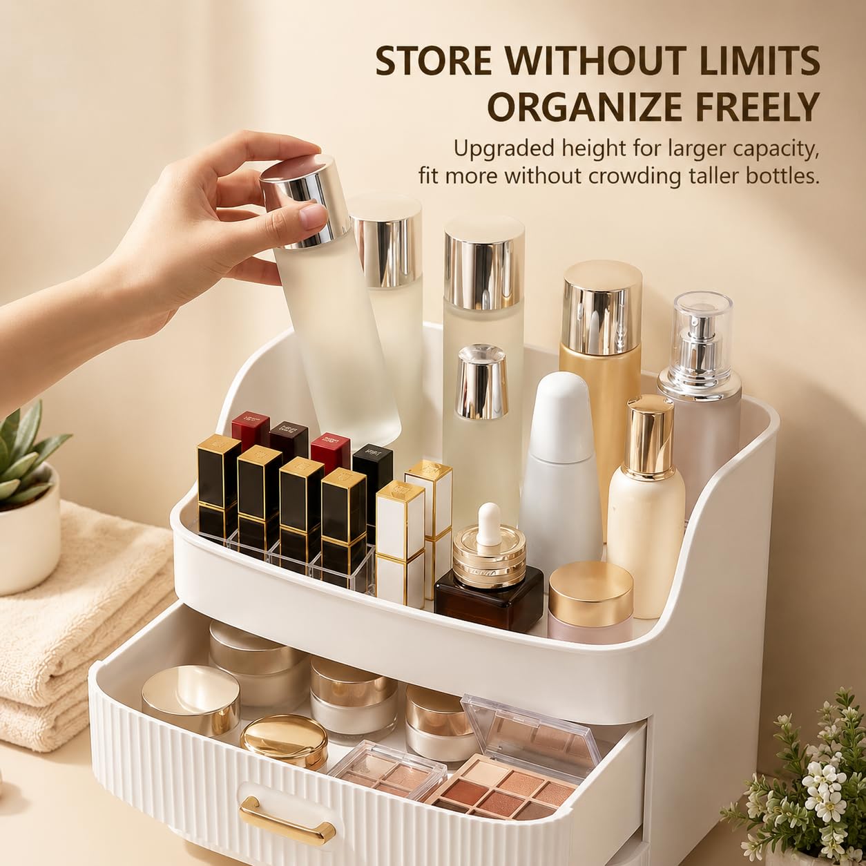 Organizador de maquillaje acrílico transparente con 2 cajones, caja de almacenamiento de cosméticos, 27 x 18,2 x 19 cm
