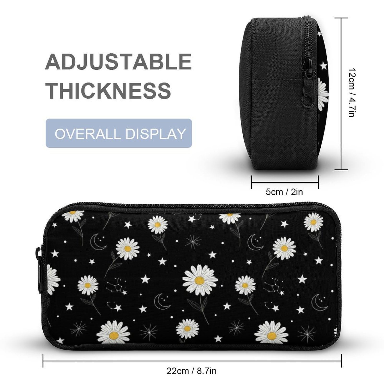 Ensemble sac à dos à motif marguerite soleil et lune avec boîte à lunch, trousse de maquillage et accessoires de toilette.