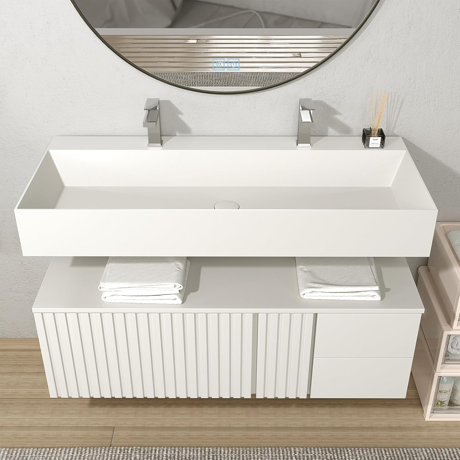 Cpingao 48"x18" Stone Resin Wall Mounted Floating Double Sink Trough Bathroom Sink with Pop-up Drain in Matte White, PS9026D