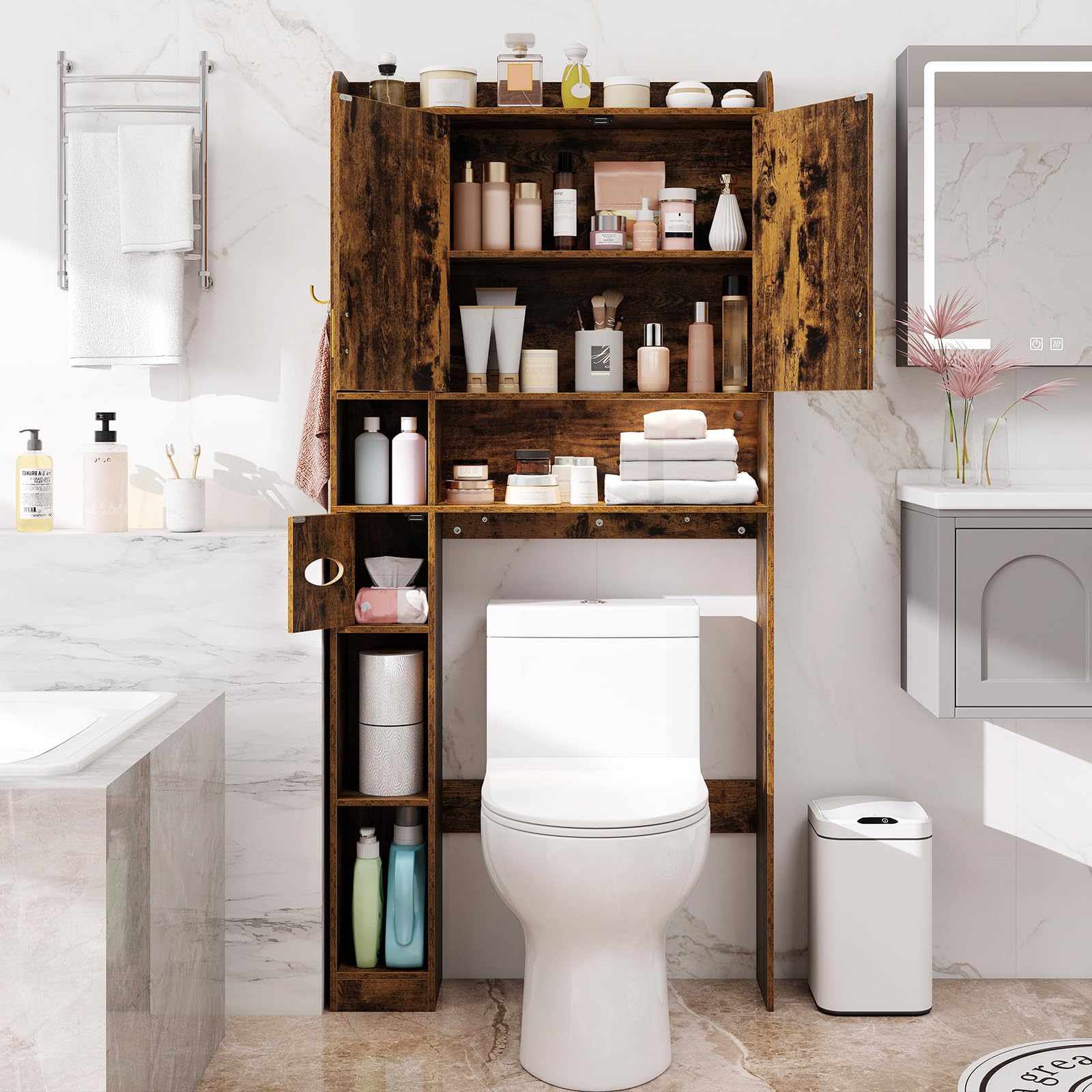 COSTWAY Mobile da Bagno Sopra WC, Scaffale Salvaspazio con Armadietto a 2 Ante, 6 Scomparti Aperti, Porta Fazzoletti, Gancio e Ripiano Regolabile, Mobiletto per Bagno e Lavanderia (Marrone)