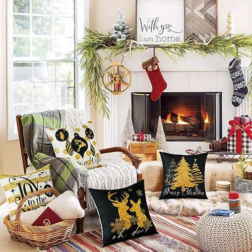 Miniatura 6 de OTOSTAR Juego de 4 fundas de almohada doradas de Navidad de 18 x 18 pulgadas para decoraciones de Navidad, alce negro y dorado, para árbol de