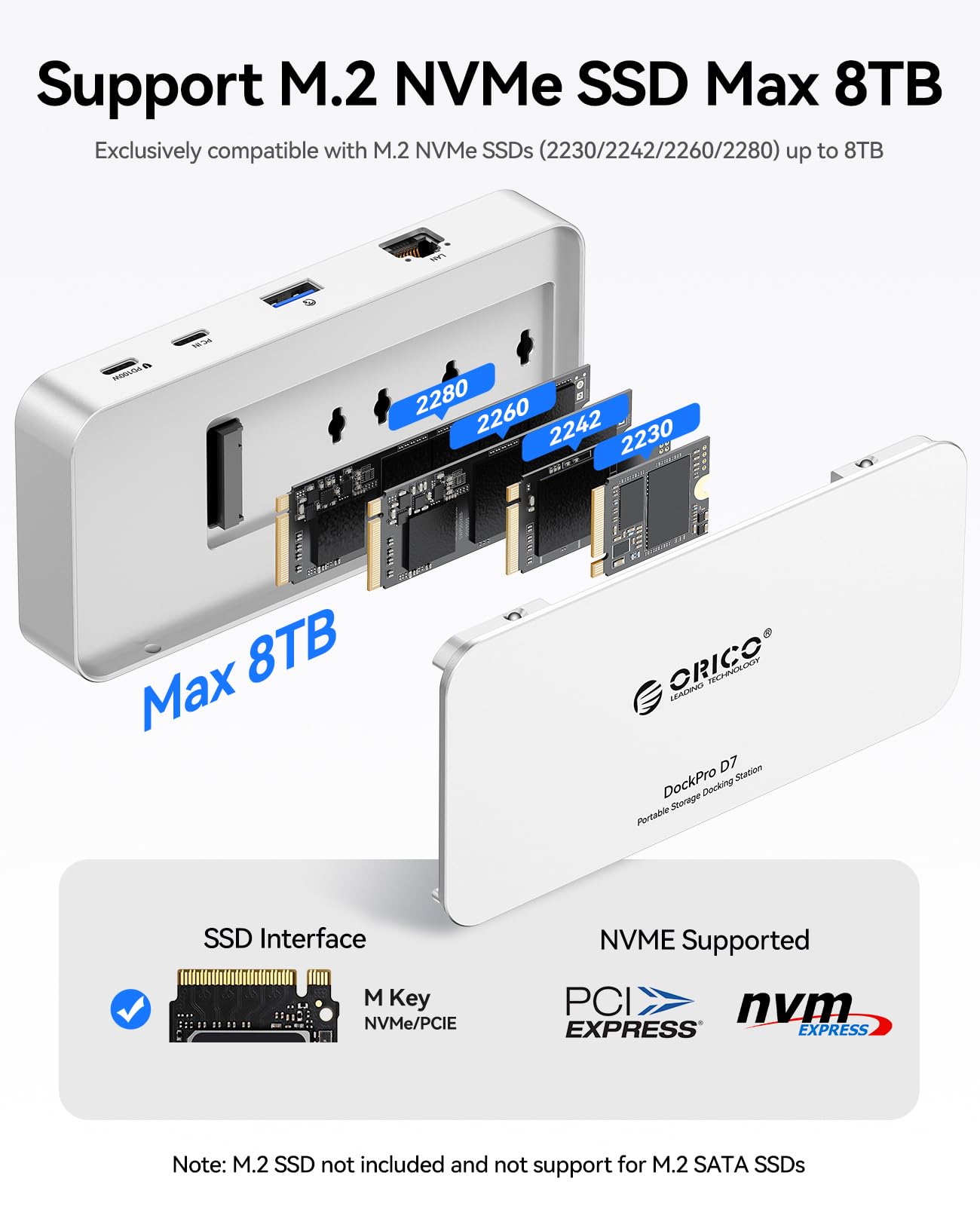 ORICO 7 IN 1 USB C Hub mit 8TB M.2 NVMe SSD Gehäuse | Docking Station mit 10 Gbps USB-C & USB-A ports,2* 5Gbps USB-A,3.0 SD/TF, 100W PD, Gigabit Ethernet,Kompatibel für Laptop-D7